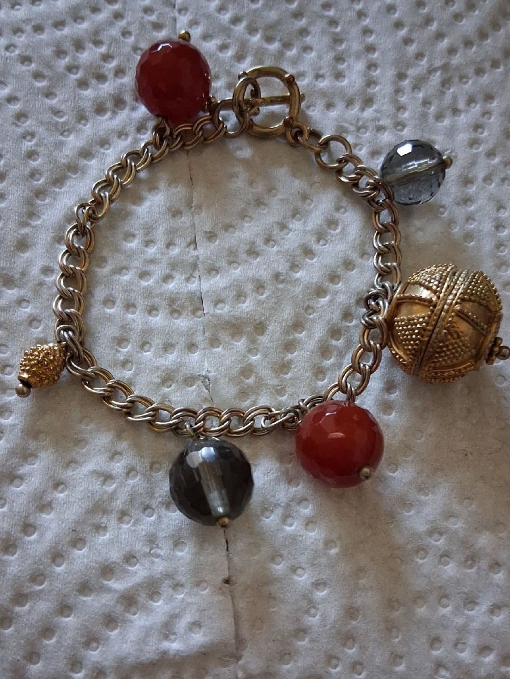 Gold-Tone Chain Bracelet with Red and Gray Bead Charms